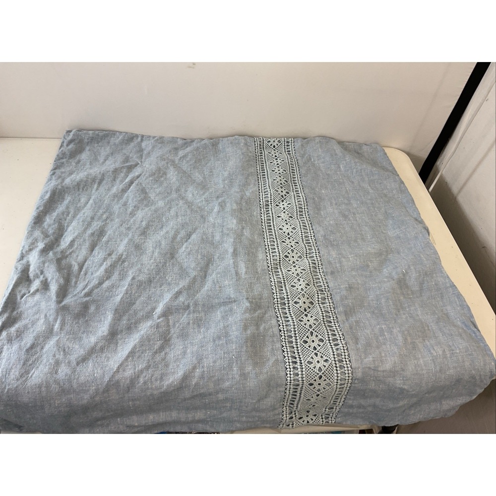 Rachel Ashwell Shabby Chic Euro Sham Blue 100% Linen Lace crochet Trim 26"